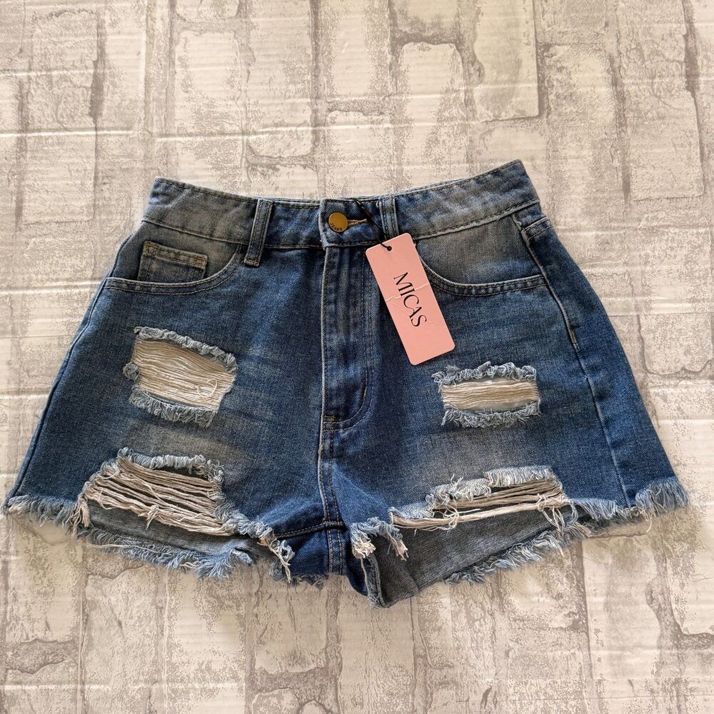 NWT Micas Medium Wash Distressed Frayed Raw Hem High Waist Grunge Denim Shorts S